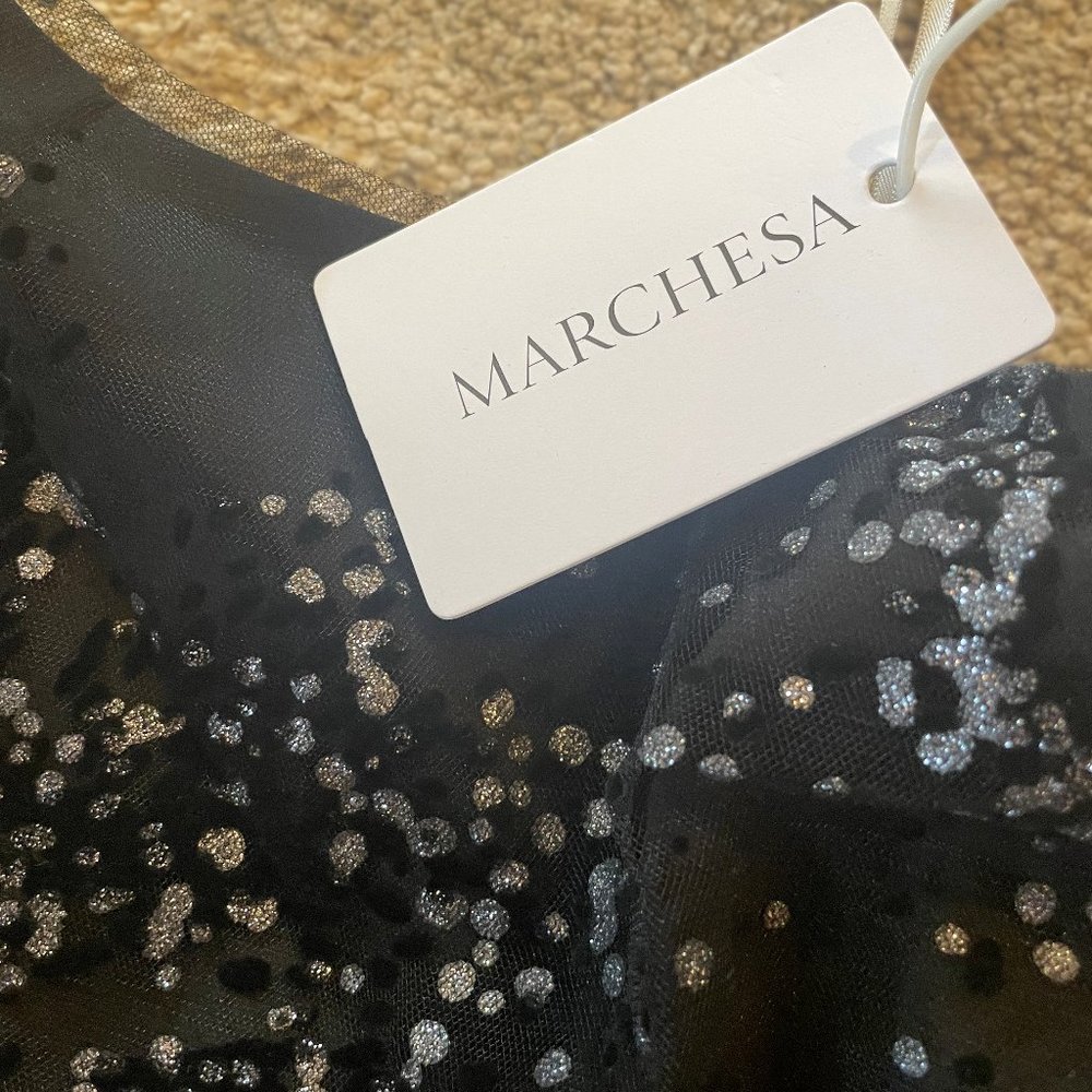 Marchesa Notte one shoulder dark navy glitter tulle evening gown size 2 NWT - Picture 6 of 9